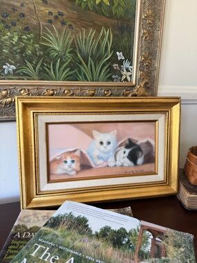 Vintage signed Dorothy Hutsler Kitten painting in Gold Gilded Frame -